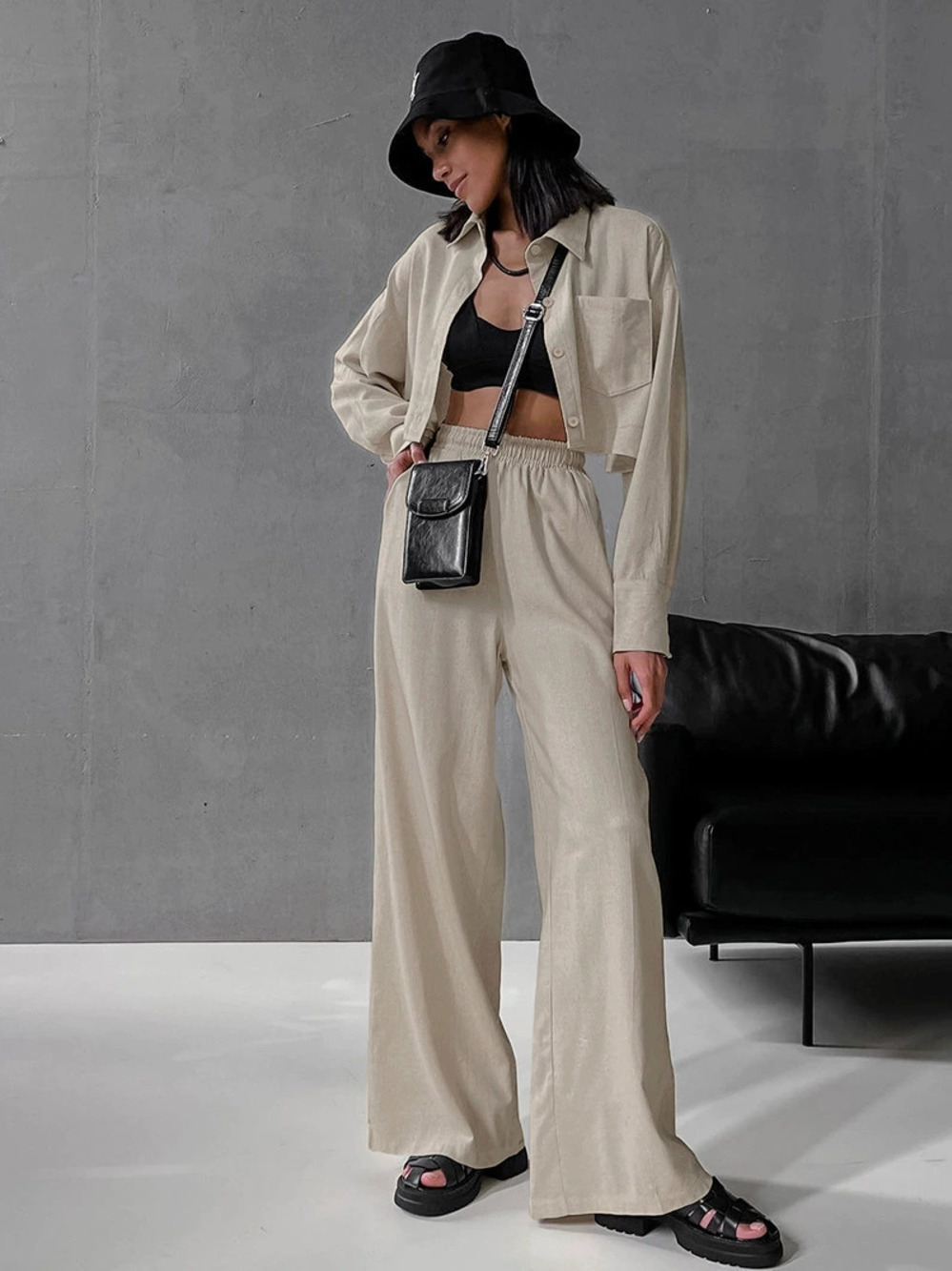 Zara Fall Casual Linen 2 Piece Set Khaki Long Sleeve Shirt Wide Leg Pants